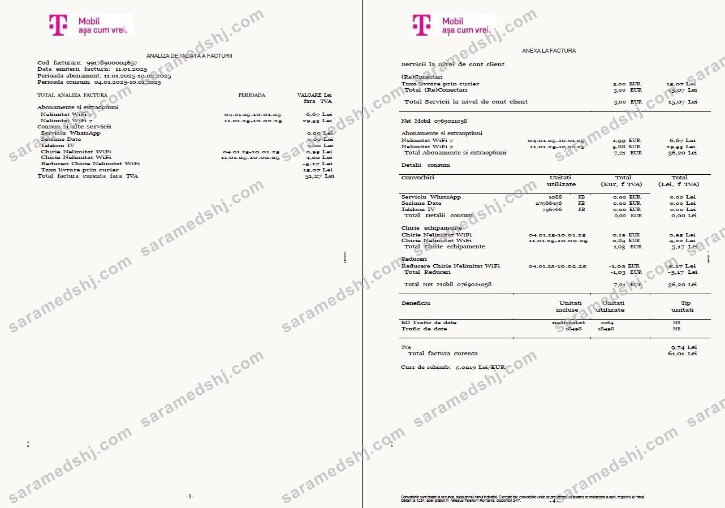 Romania T-Mobile utility bill template in Word and PDF formats, 4 pages, 3-4 pages